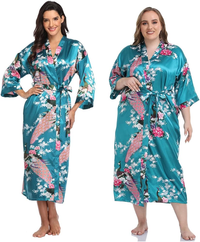 Super Shopping-zone Women's Floral Long Silk Kimono Robes Satin Dressing Gown Peacock Blossoms