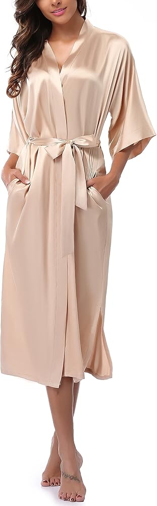 Women's Long Satin Robe Silk Kimonos Bathrobe with Pockets Pure Color Sleepwear Nightgown Short Sleeves Plus Size