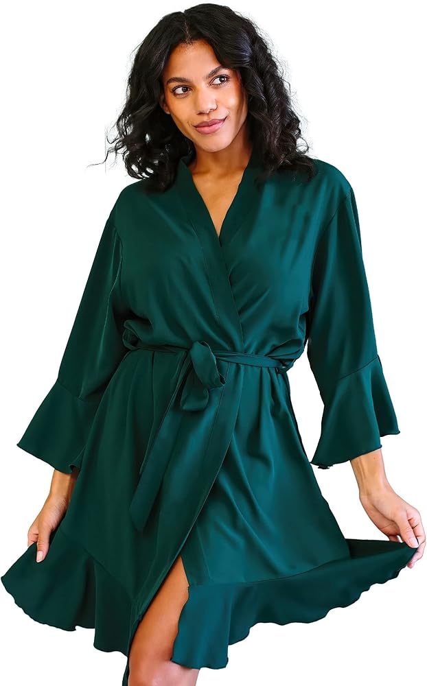 Belle's Design Women’s Ruffle short Robe Kimono Style Satin Silk With Long Sleeve Bridesmaid Loungewear Sleepwear