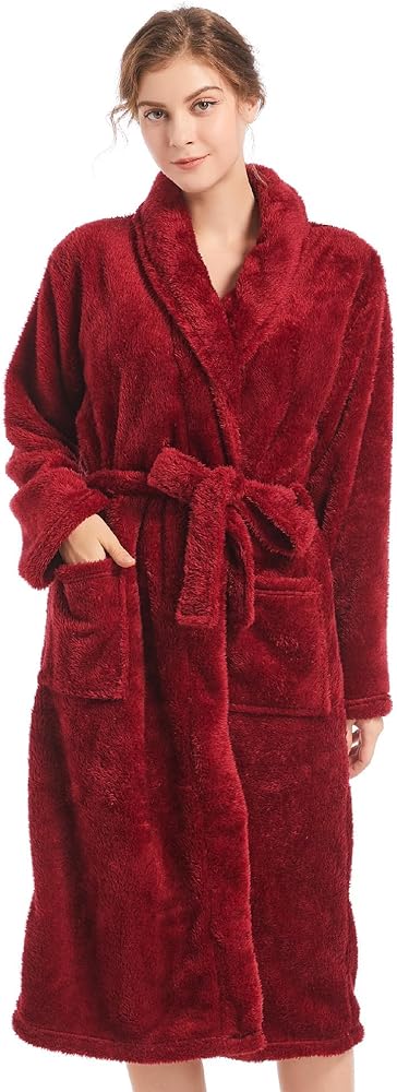 Inner Wish Womens Plush Fleece Robe, Cozy Warm Bathrobe Fuzzy Female Spa Robe With Pockets