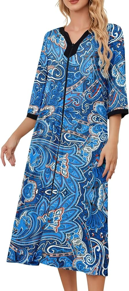 PITINAN Moo Moo Nightgown House Dress Zip up Robes for Women Long Lounge Dress House Coat Women S-3XL