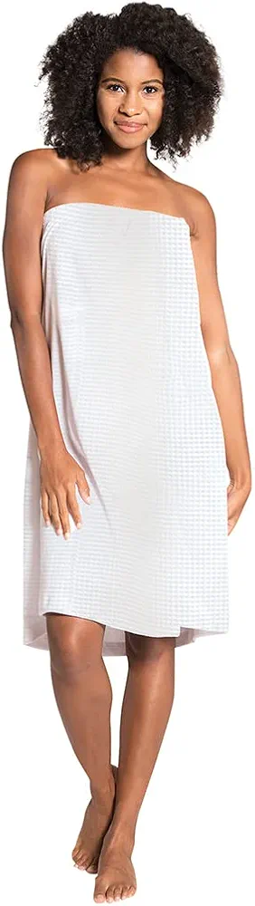 Waffle Weave Long Spa Wrap, Simple Body Wrap, Luxurious Waffle Weave Knit, One Size Fits Most, Generous Length, Elasticized Top with Touch-and-close Fasteners at Top and Waist, White