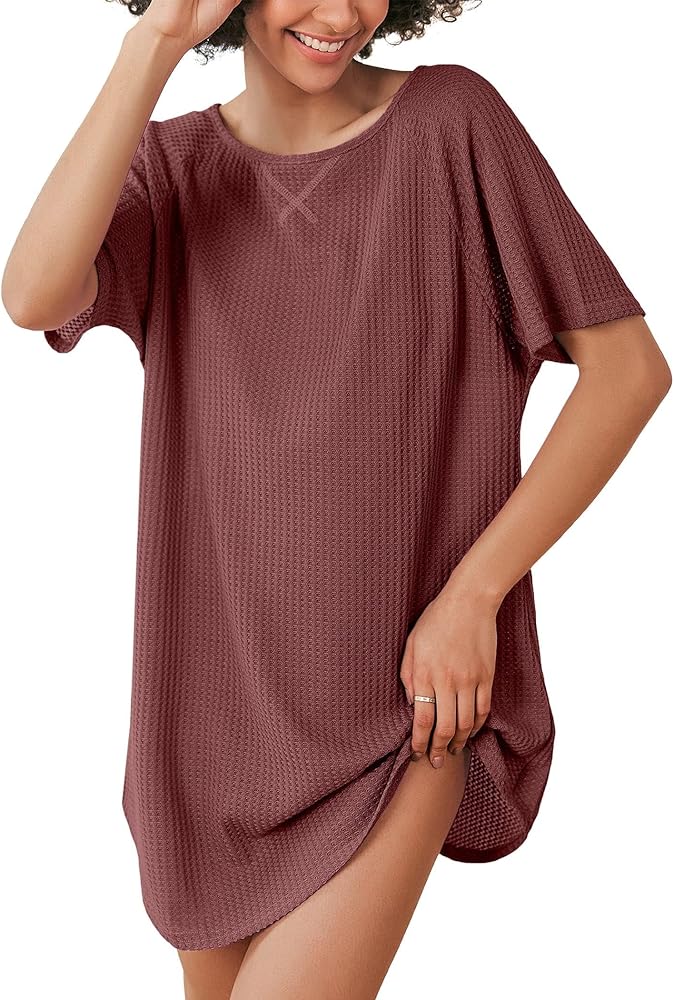 Ekouaer Women's T-shirt Nightgown Waffle Knit Short Sleeve Sleepshirts Comfy Casual Cover Ups