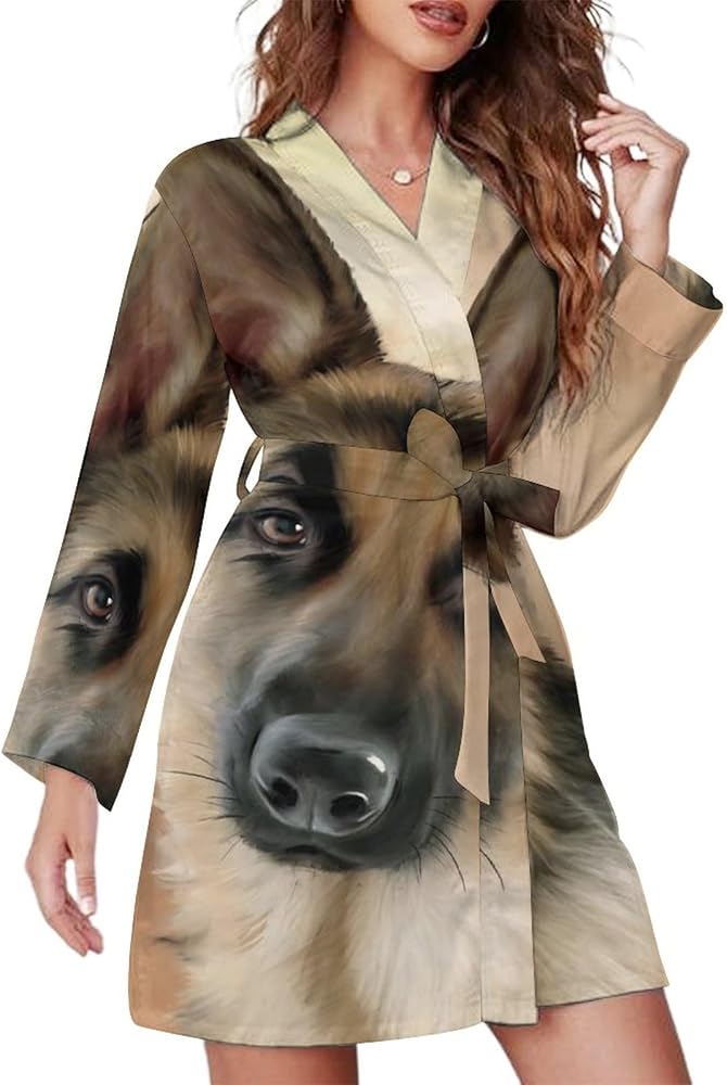 German Shepherd Fashion Mini Womens Robe With Belt Soft Nightgown Long Sleeve Bathrobe Loungewear