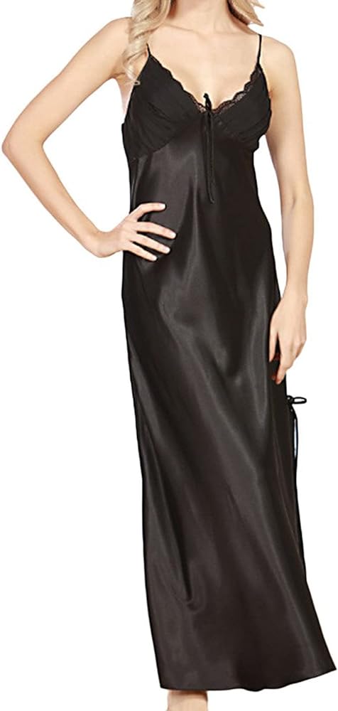 ASHER FASHION Women's Sexy Satin Long Nightgown Lace Slip Lingerie Chemise Robes