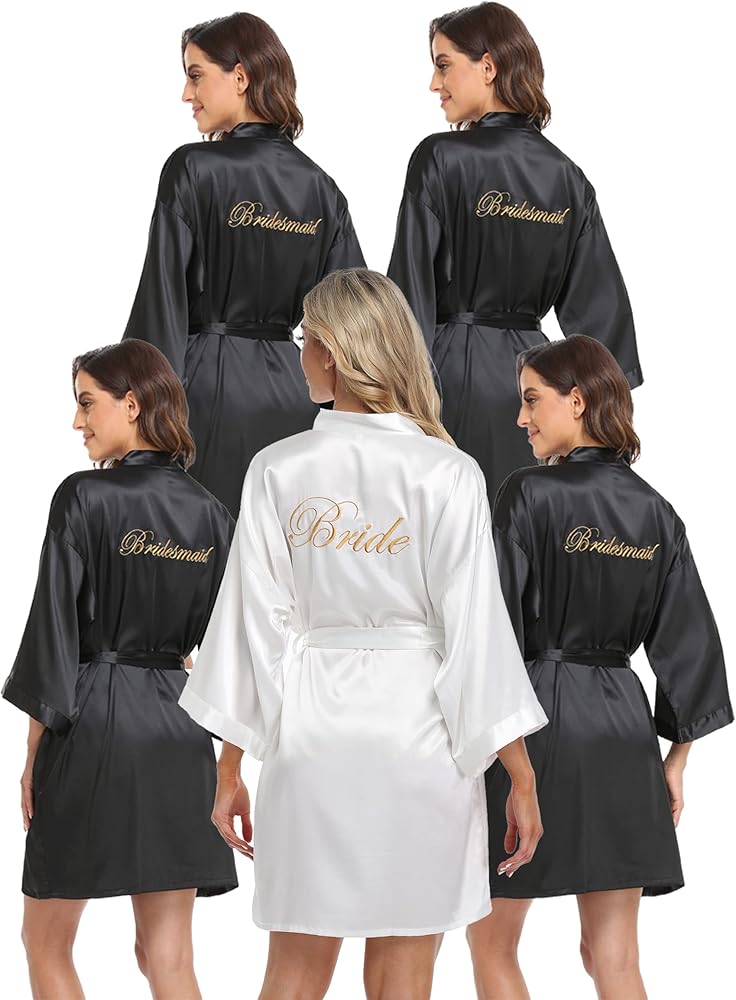 5 Set Women's Satin Kimono Bridal Robe Wedding Party Lingerie Bride Bridesmaids Getting Ready Robe with Embroidered