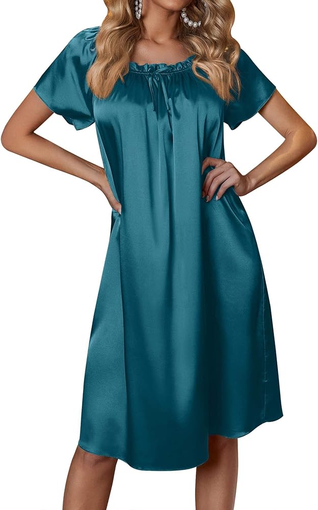 Ekouaer Women's Satin Silk Pleated Nightgown Loose Sleepwear Printed Nightshirt Short Sleeve Sleep Dress