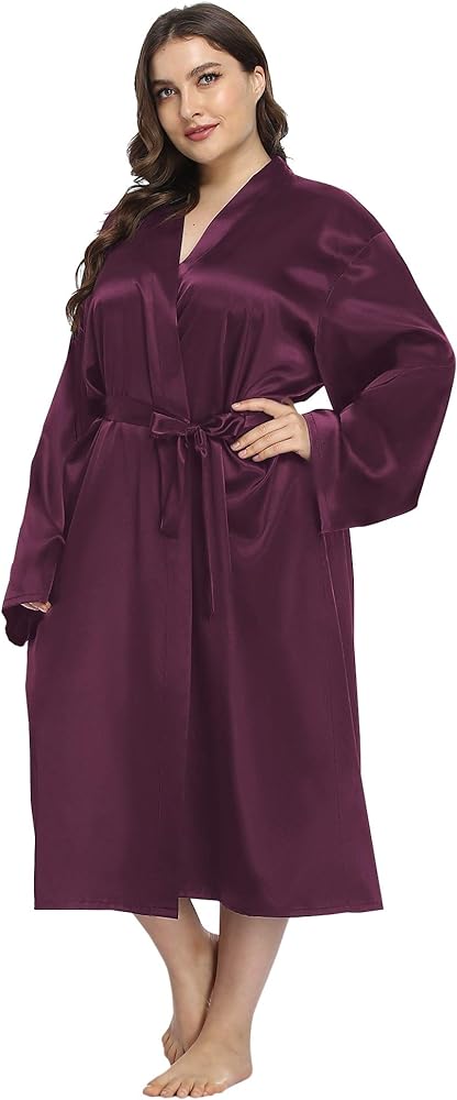 Women's Plus Size Satin Robe Long Bathrobes Dressing Gown Soft Sleepwear