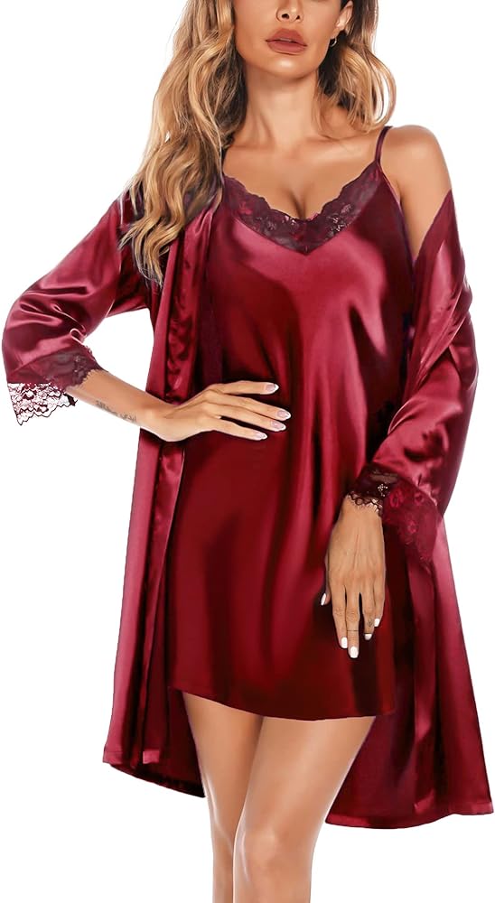 SWOMOG Women's Satin Robe Set 2 Piece Sexy Pajamas Sets Lace Cami Nightgown and Silk Robes Nightwear