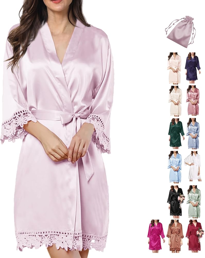 2Pcs Satin Robe Womens Silk Robes Lace Kimonos Bridal Silky Robes for Brides Bridesmaids Wedding Nightgown Bathrobe Sleepwear