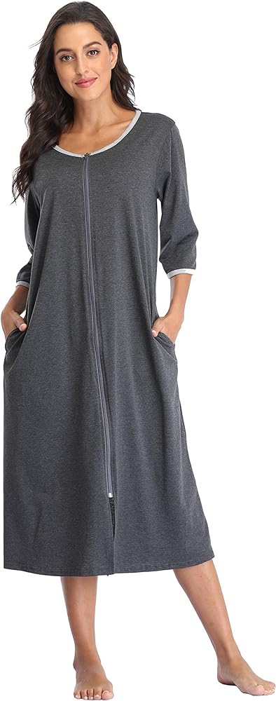 Womens Zipper Front Robes 3/4 Sleeve Housecoat Long Nightgowns Casual Loose Loungewear with Pockets