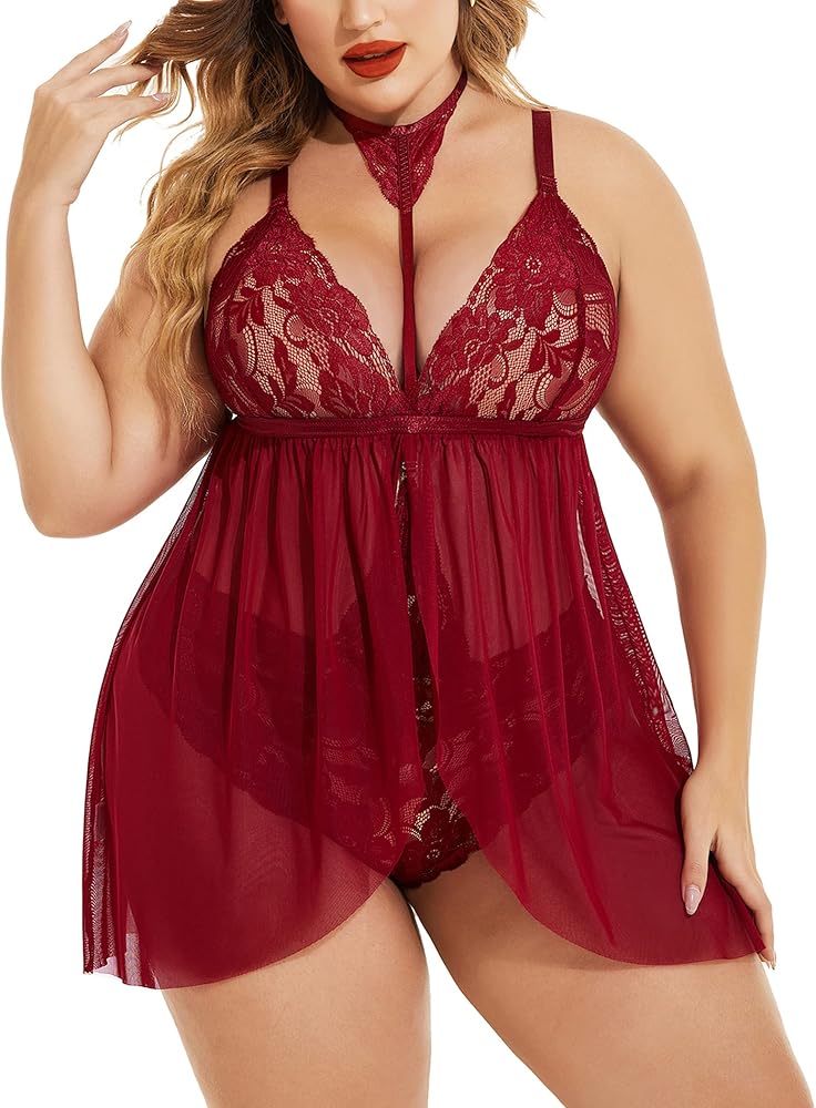 Avidlove Plus Size Lingerie for Women Sexy Lace Babydoll Mesh Choker Sleepwear L-5XL