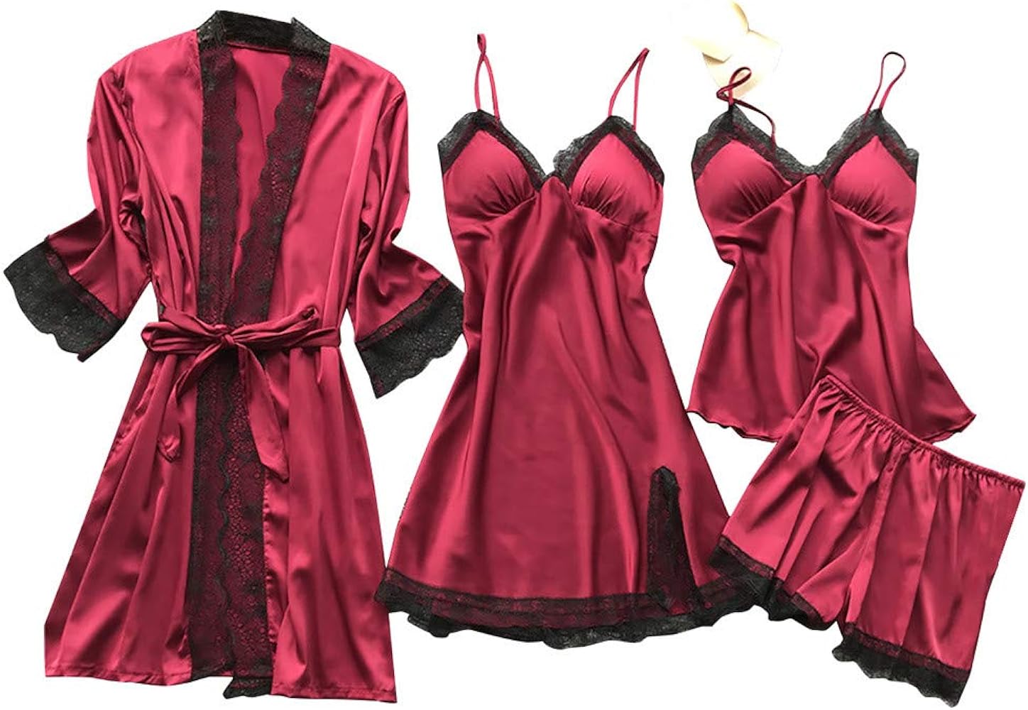 ZDRZK Pj Sets For Woman 4pcs Lace Trim Sleepwear With Robe Camisole Satin Lingerie Nightwear Oversized Loose Fitting Pjs