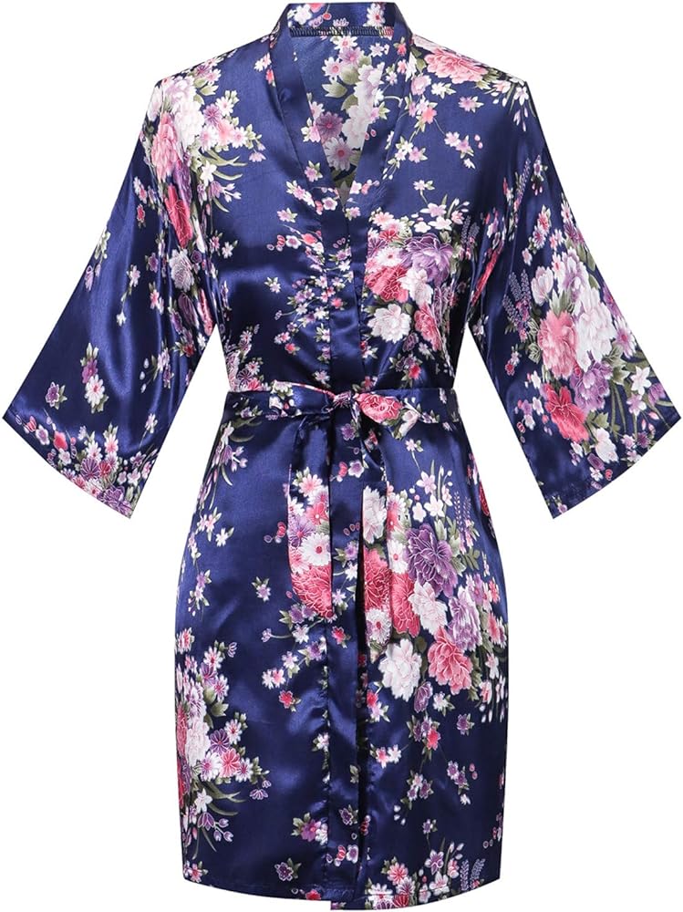 Women's Floral Kimono Robes Short Satin Bridal Robe Bride Bridesmaid Getting Ready Dressing Gown