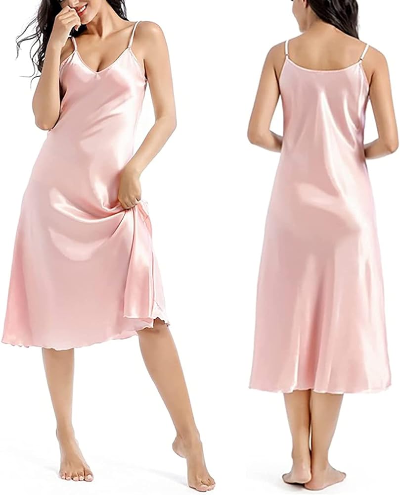 Satin Nightgown for Women Silk Slip Dress Sleepwear Sexy V Neck Negligee Lingerie Long Nightwear