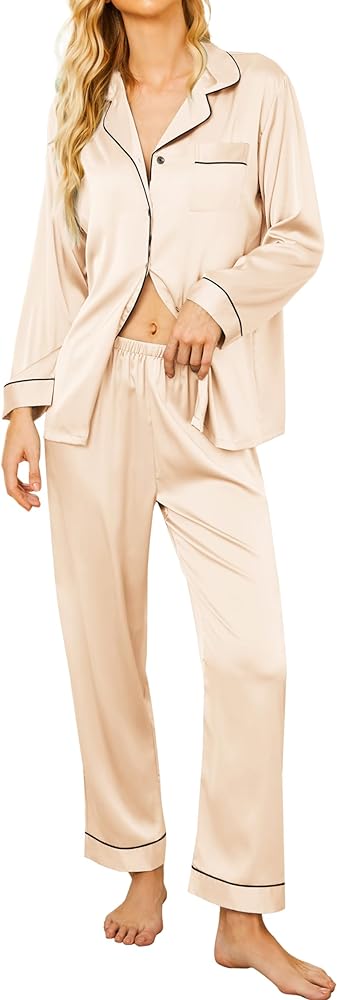 Ekouaer Silk Satin Pajamas Women's Long Sleeve Sleepwear Soft Button Down Pj Set 2 Piece Loungewear S-XXL