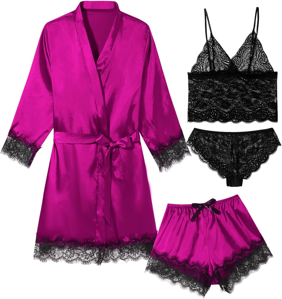 Womens Lingeries Silk Pajamas Robes Set 4 Pcs Sexy Pjs Cami Shorts Satin Sleepwear Lace Loungewear