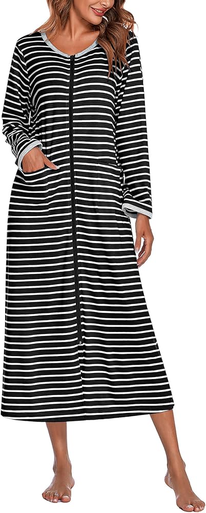 Ekouaer Women Long House Coat Zipper Front Robes Full Length Nightgowns with Pockets Striped Loungewear S-4XL