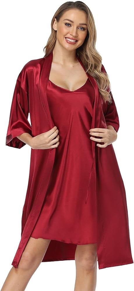 Satin Women's Kimono Robe Gorgeous Loungewear 2PC Set Sleepwear Camisole & Robe