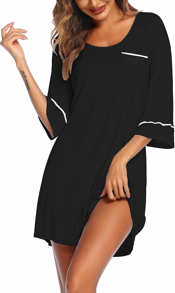 Ekouaer Women Nightgown Night Dress 3/4 Sleeve Night Shirt Round Neck Sleepshirt with Chest Pocket