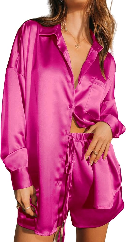 Ekouaer Womens 2 Piece Satin Pajama Set Long Sleeve PJs Sets Button Down Lounge Ssts Soft Sleepwear Set