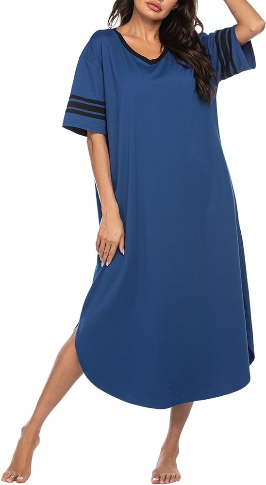 Ekouaer Long Nightgown, Womens V Neck Loungewear Oversized Sleepwear Loose Sleep Dress S-4XL