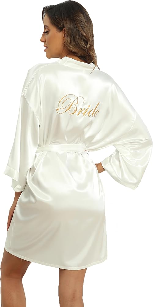 Women's Satin Robes for Bride & Bridesmaid with Embroidered Short Kimono Bathrobe Wedding Party Dressing Gown