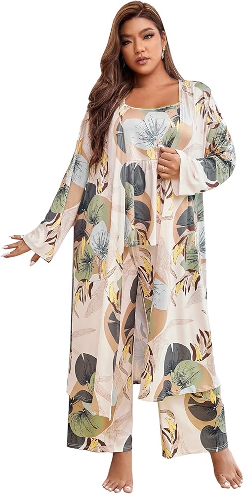 WDIRARA Women's 3 pcs Sleepwear Leaf Print Cami and Pants Pajama Set with Robe