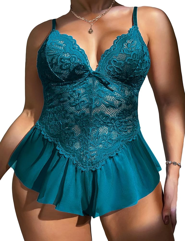 Avidlove Plus Size Lingerie for Women Lace Bodysuit One Piece Teddy Babydoll Mesh Chemise V Neck Sleepwear L-5XL