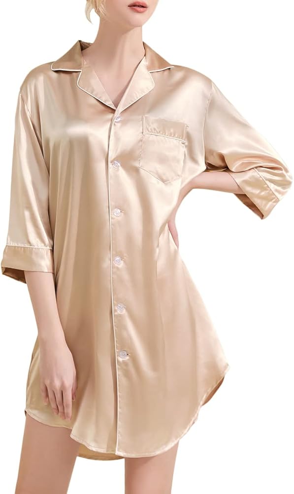 Women's Satin Nightgown Button Down Sleepshirt 3/4 Sleeve Nightshirt Sleepwear Boyfriend Pajama Dress