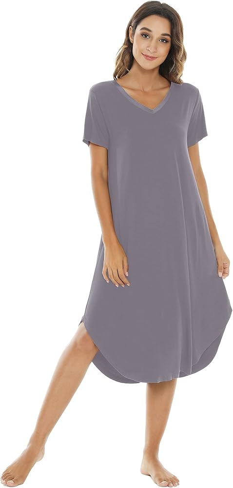 NACHILA Nightgowns for Women-Viscose Made from Bamboo, V Neck Sleepshirts Short Sleeve Sleepwear Cool Nightshirt