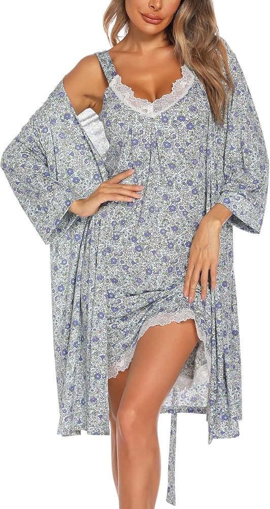 ENJOYNIGHT Women's Robes Set Sexy V-Neck 2 Piece Lingerie Nightgown With Robes Pajama Set Lace Cami Sleepwear