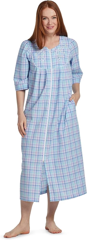 Miss Elaine Women's Long Seersucker Robe, Front Zipper, 3/4 Sleeves, Two Insert Pockets, Sleepwear and Loungewear