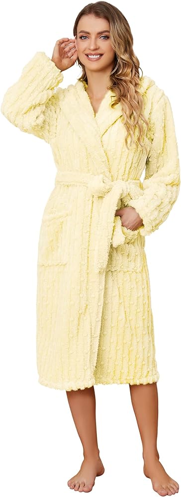 HEARTNICE Fuzzy Soft Robes for Women, Long Plush Hooded Robe Fluffy Warm Bathrobes