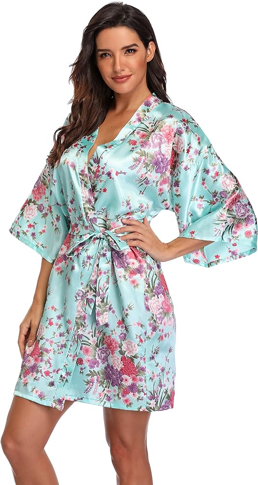 Women's Floral Bride Bridesmaids Robe Satin Wedding Kimono Bridal Dressing Gown Sleepwear