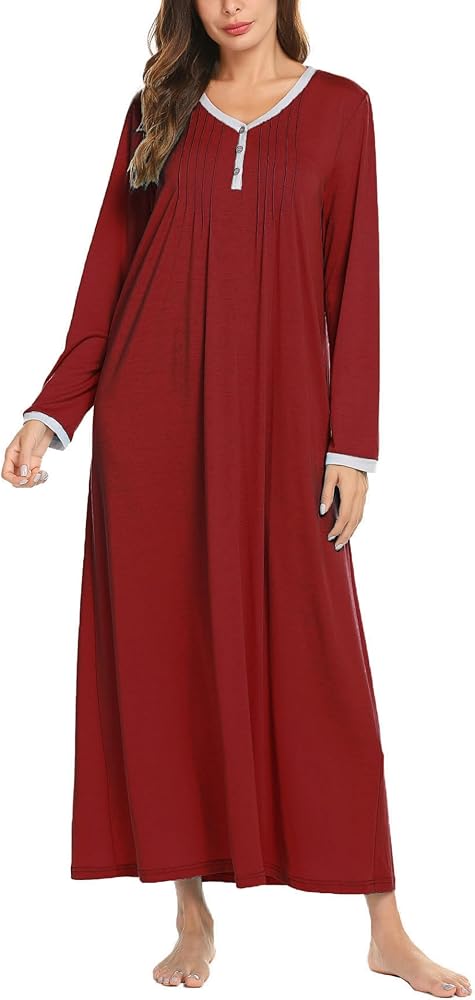 Ekouaer Women's Long Sleeve Nightgown Long Sleepshirts Henley Sleep Dress Full Length Sleepwear S-4XL