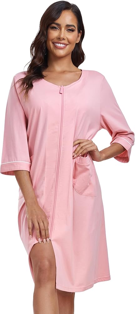 COLORFULLEAF Women's 100% Cotton Robe Lightweight 3/4 Sleeve Zip Front Robes Soft Knee Length Bathrobe Housecoat