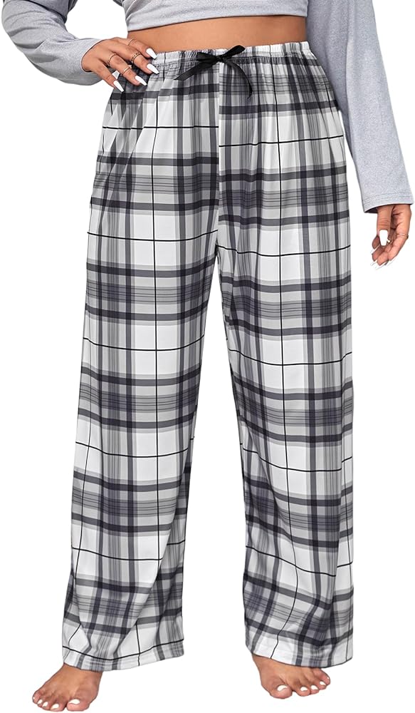 Floerns Women's Plus Size Plaid Print Knot Front Sleepwear Loungewear Pants