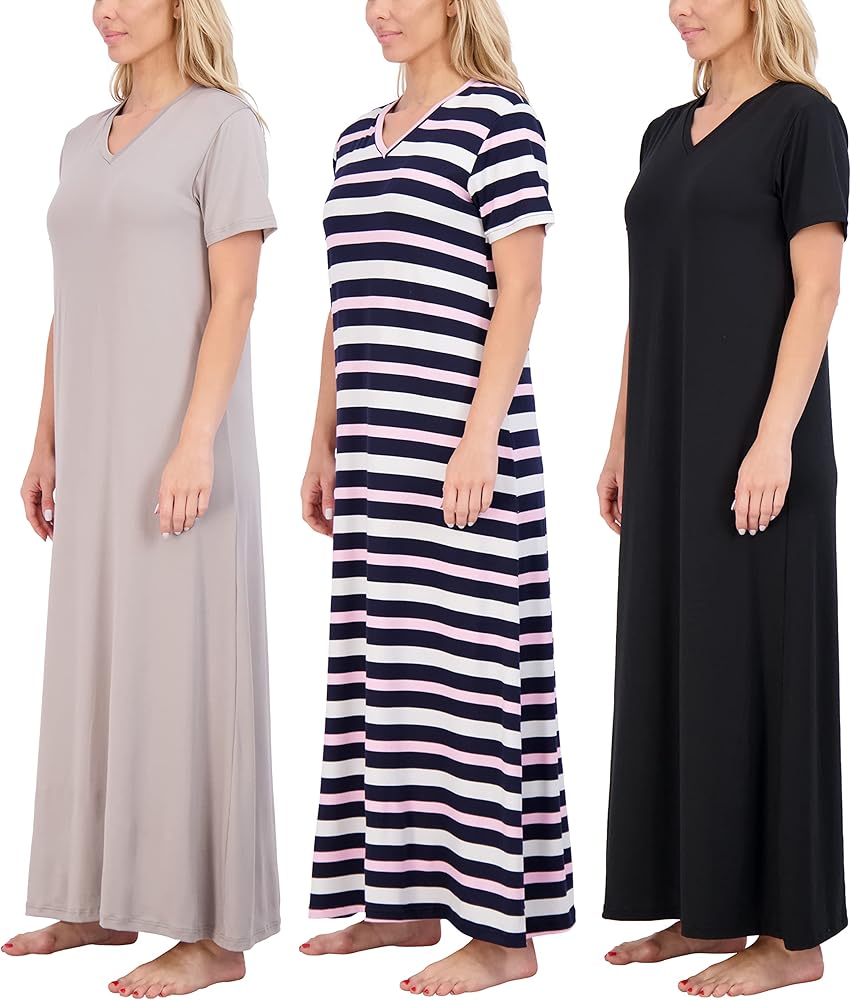 Real Essentials 3 Pack: Women's Soft Maxi Long Nightshirt Short Sleeve Soft Nightgown Sleep Dress (Available in Plus Size)