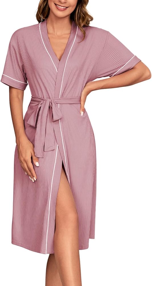 POKWAI Women Kimono Robes Knee Length Bathrobe Lightweight Soft Sleepwear V-neck Ladies Loungewear