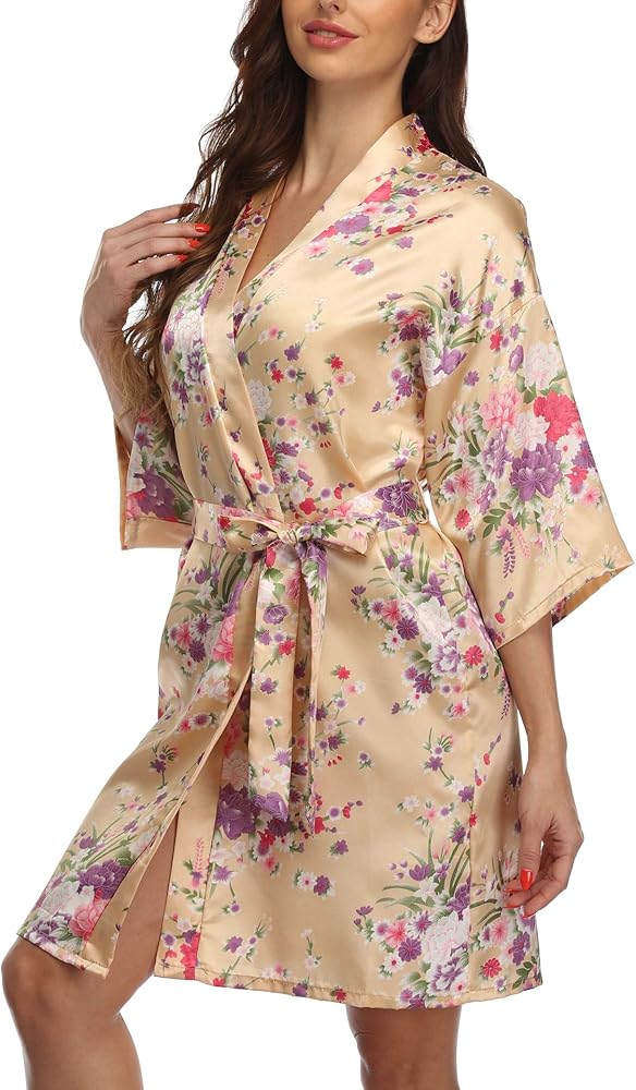 Women's Floral Kimono Robes Short Satin Bathrobe Silky Sleepwear Dressing Gown for Wedding Getting Ready