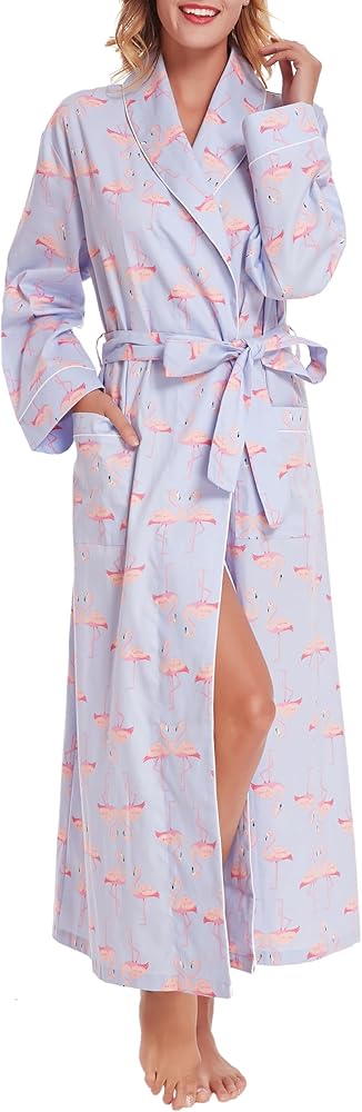 Lavenderi Women’s 100% Cotton Long Kimono Lounge Bathrobe Robe, Ladies Loungewear for Spa