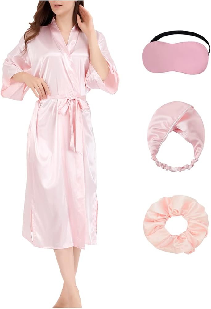 Silky Satin Robes for Women Bride Bridesmaid Wedding Party Long Kimono with Blindfold Hair Ties Hair Bands