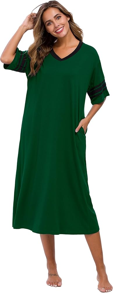 Womens Nightgown V Neck Knit Long Sleepwear Short Sleeve Soft Loungewear with Pockets S-XXL