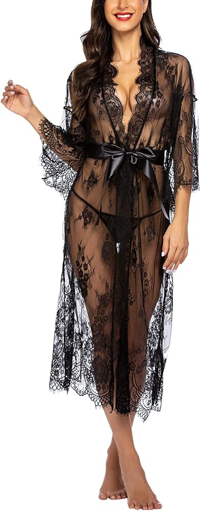 Avidlove Women Sexy Long Lace Lingerie Kimono Robe Sheer Babydoll Nightgown Nightdress