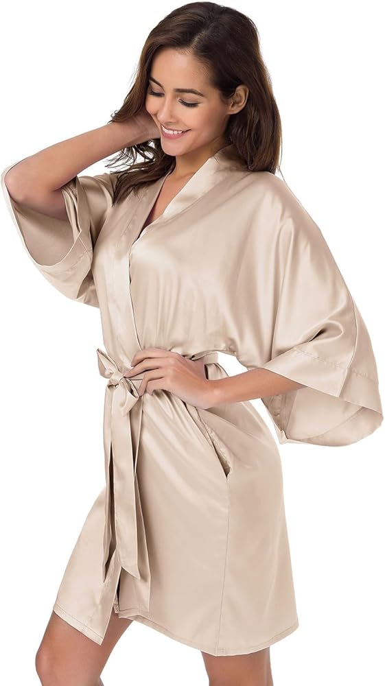 SIORO Women's Satin Robe Silk Kimono Bathrobe for Bride Bridesmaids Wedding Party Loungewear Short S-XXL