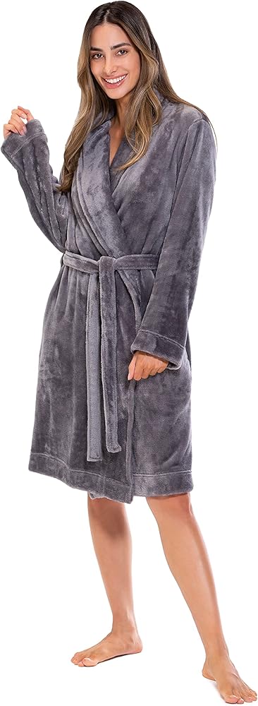 Turquaz Robes For Women, Womens Fleece Shawl Collar Soft Plush Knee Length Spa Robe