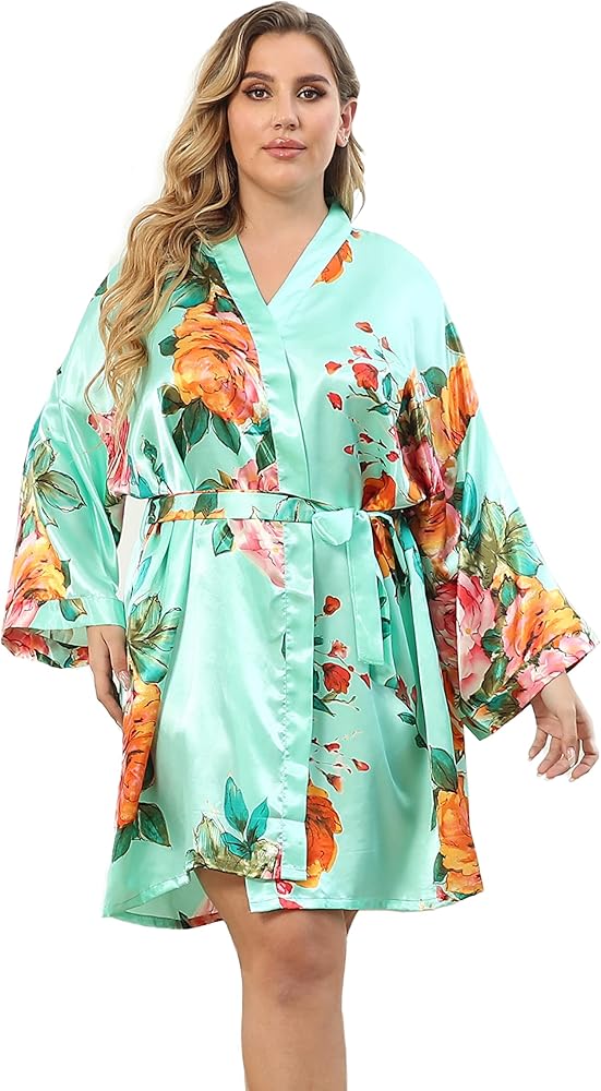 Women's Plus Size Satin Robes Floral Robe Wedding Party Kimono Robes Sleepwear