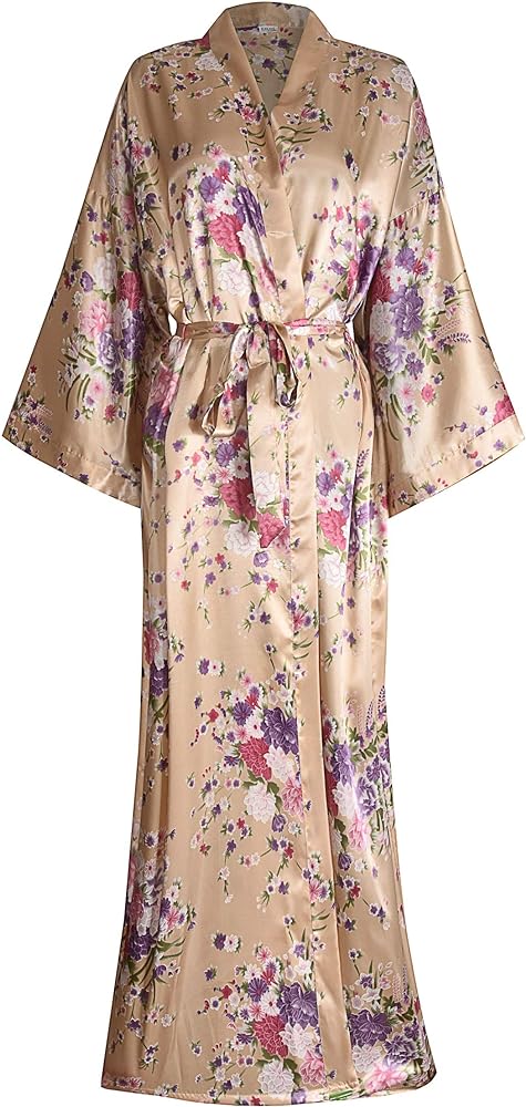 Women's Long Kimono Robes Silky Floral Bathrobe with Blossoms Printed Bridesmaid Wedding Nightgown