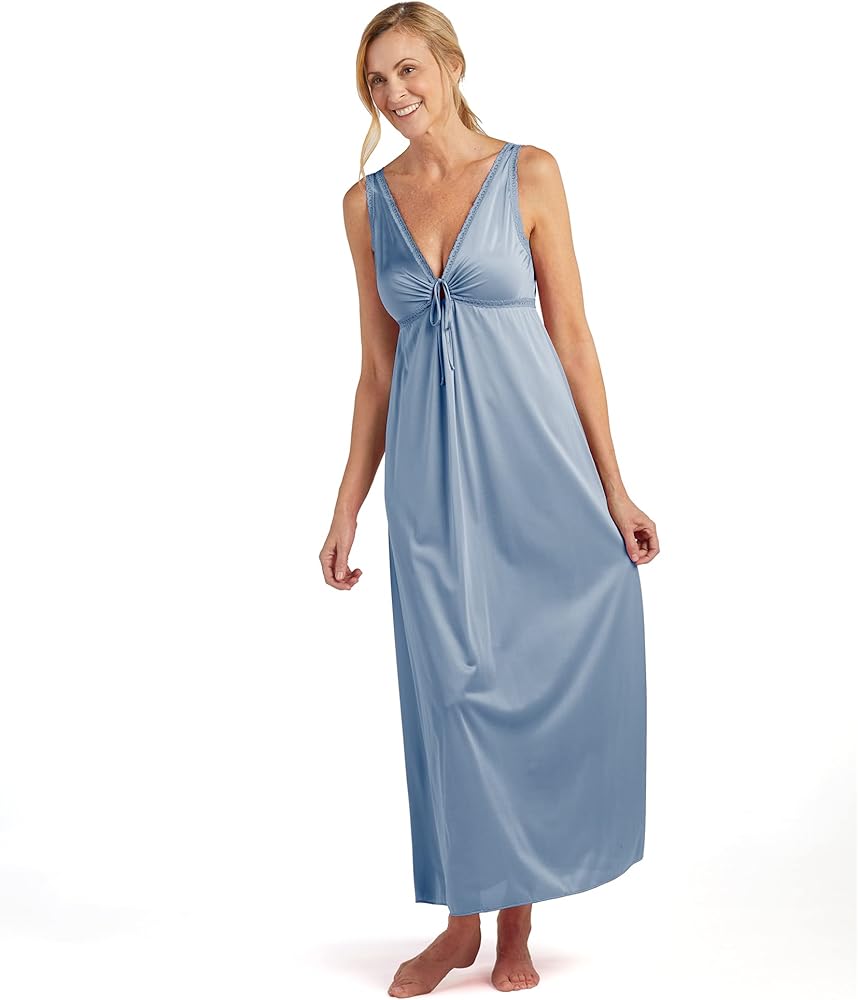 Miss Elaine Women's Silky Fitted Long Gown, Vintage Style Nightgown with a Deep V-Neckline, Sleepwear & Loungewear